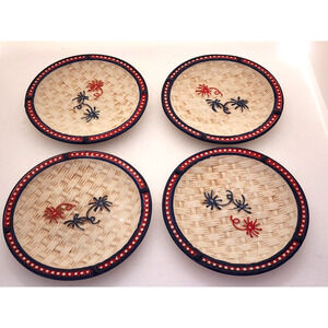 BREAD BUTTER PLATES-TEMPTATIONS-Floral Lace-Red Blue-Basket Weave Pattern-SET 4